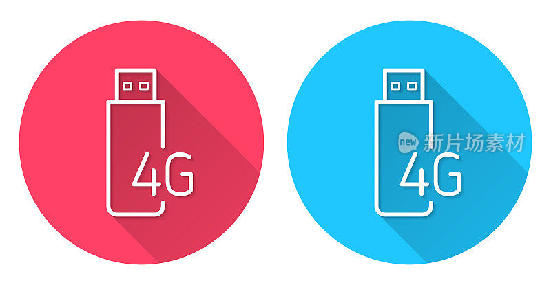 4G USB调制解调器。圆形图标与长阴影在红色或蓝色的背景
